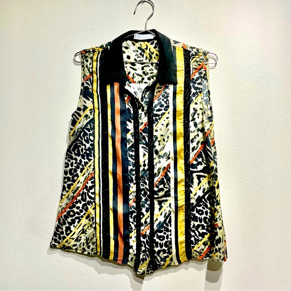 Anne Fontaine Size L Animal Print Sleeveless Blouse, Lace Stripped Motif - Picture 2 of 9